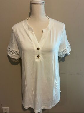 Women's White Short Sleeve Henley Top with Lace Trim